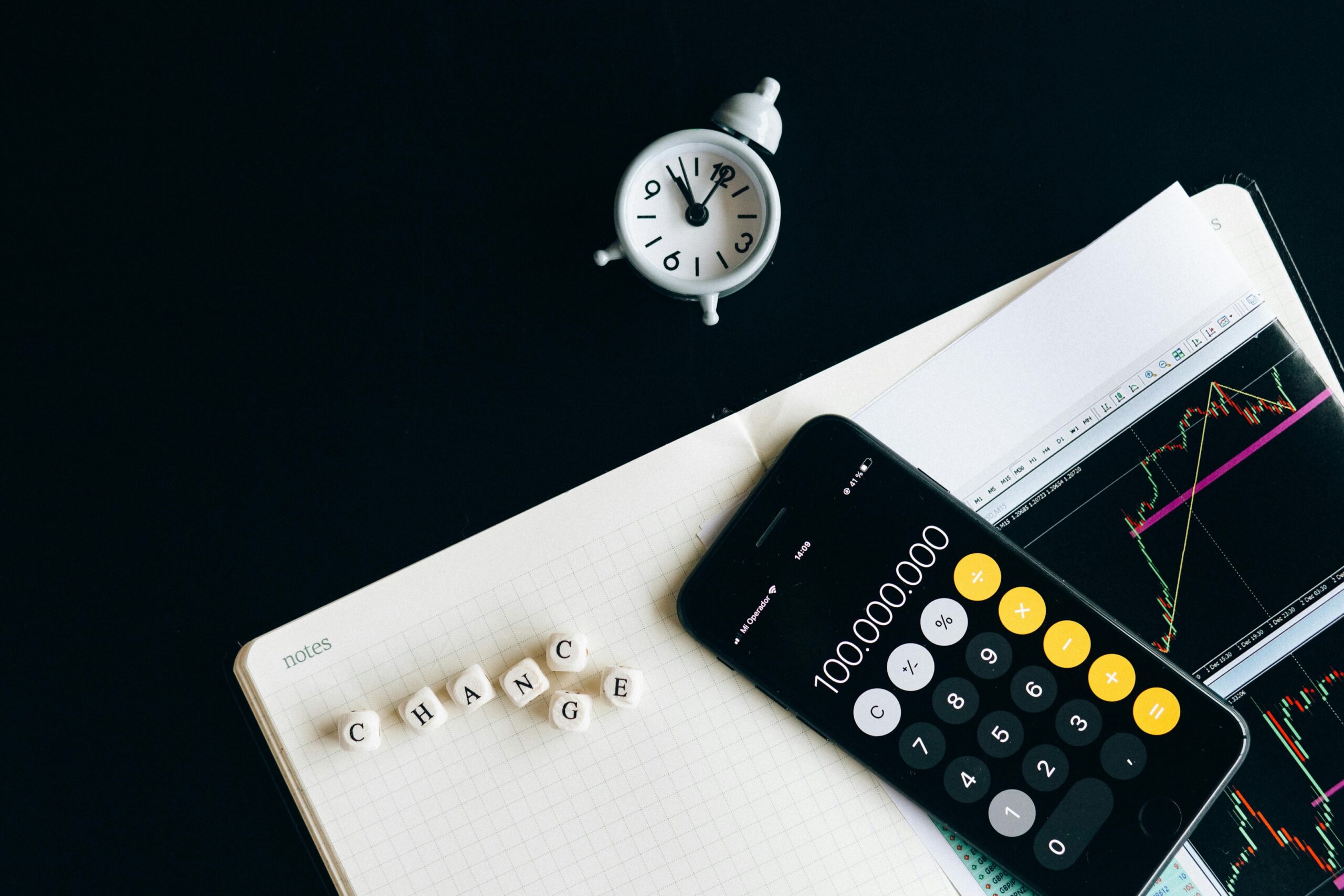 A calculator and a clock.